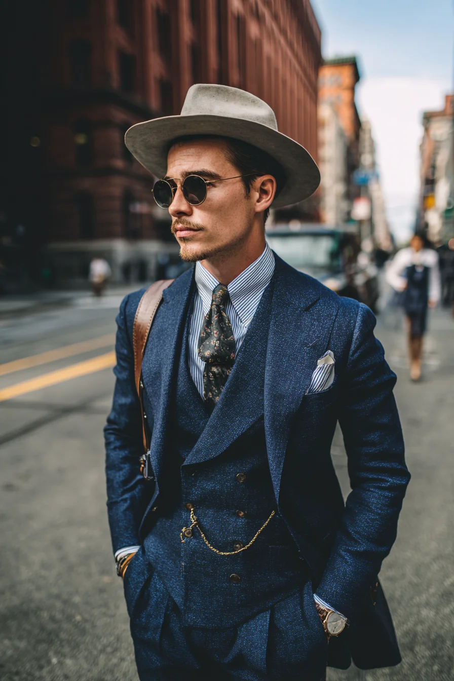 Textured Navy Double-Breasted Suit — Modern Tailored Mens Styling
