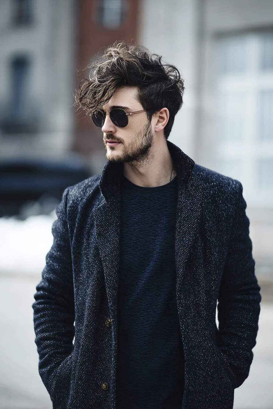Textured Navy Overcoat & Knit — Mens Smart-Casual Winter Outfit