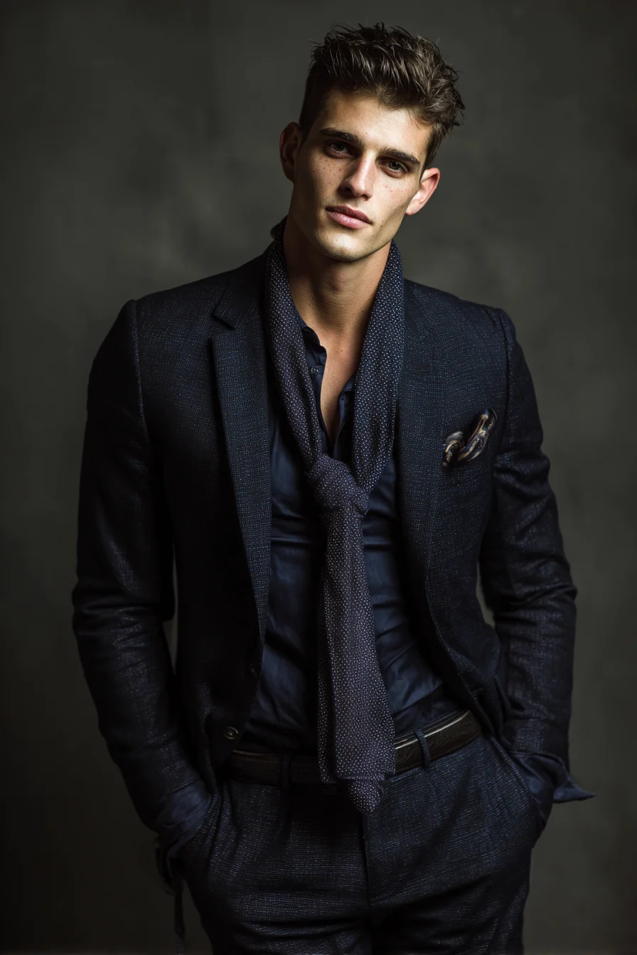 Textured Navy Suit with Knit Tie — Modern Evening & Smart-Casual Mens Styling