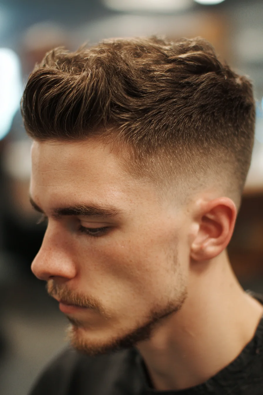 Textured Quiff with Mid Skin Fade — Mens Short Sides, Longer Top