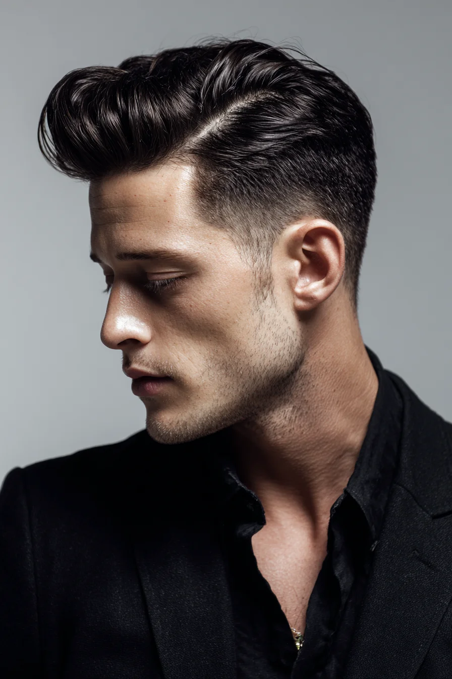 Textured Side-Part Pompadour with Low Taper Fade