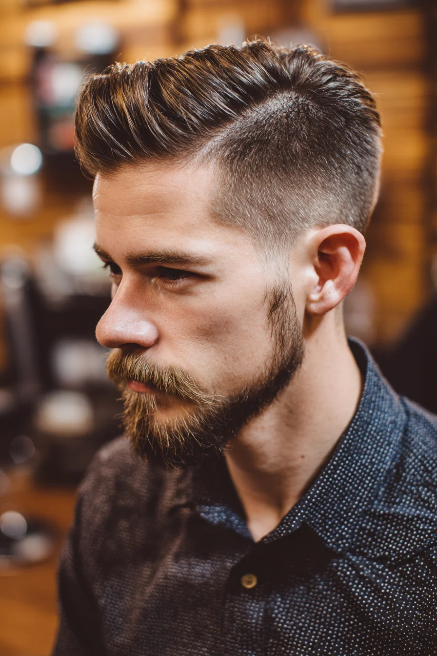 Textured Side Part with Low Fade and Pompadour Quiff