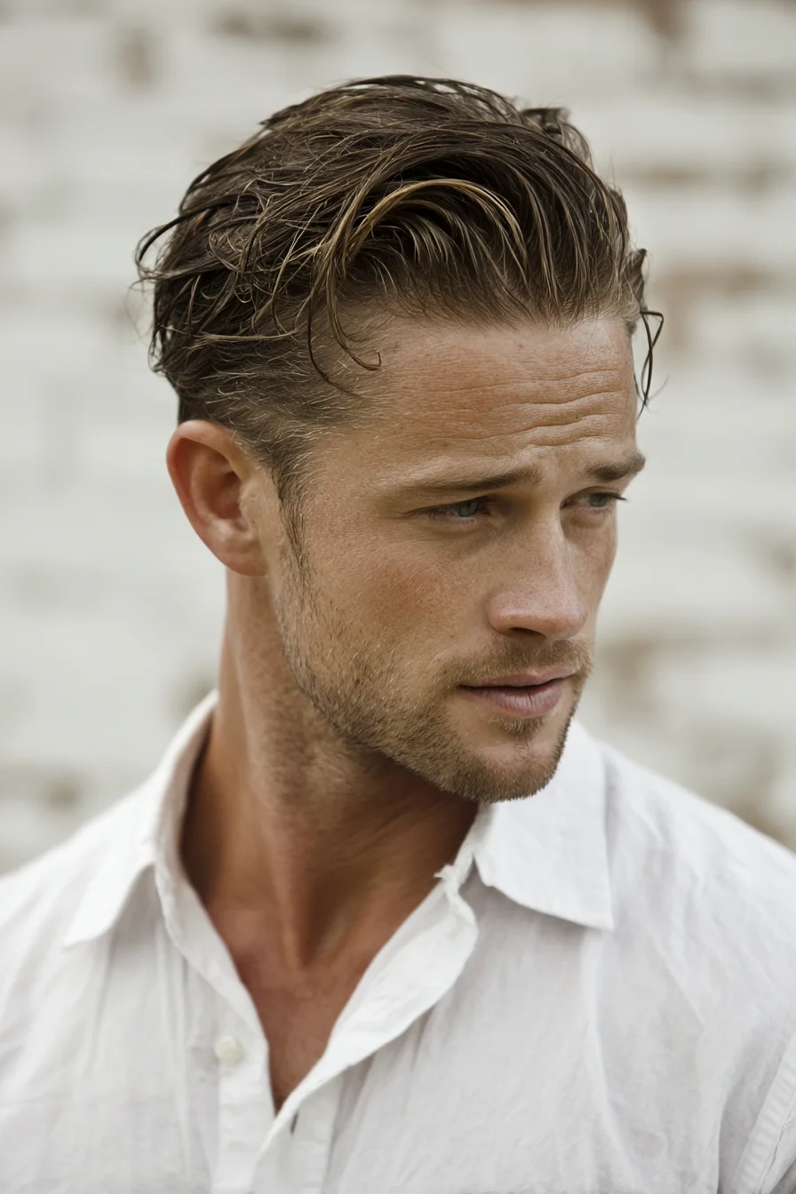 Textured Slick-Back with Tapered Sides — Mens Medium-Length Hairstyle