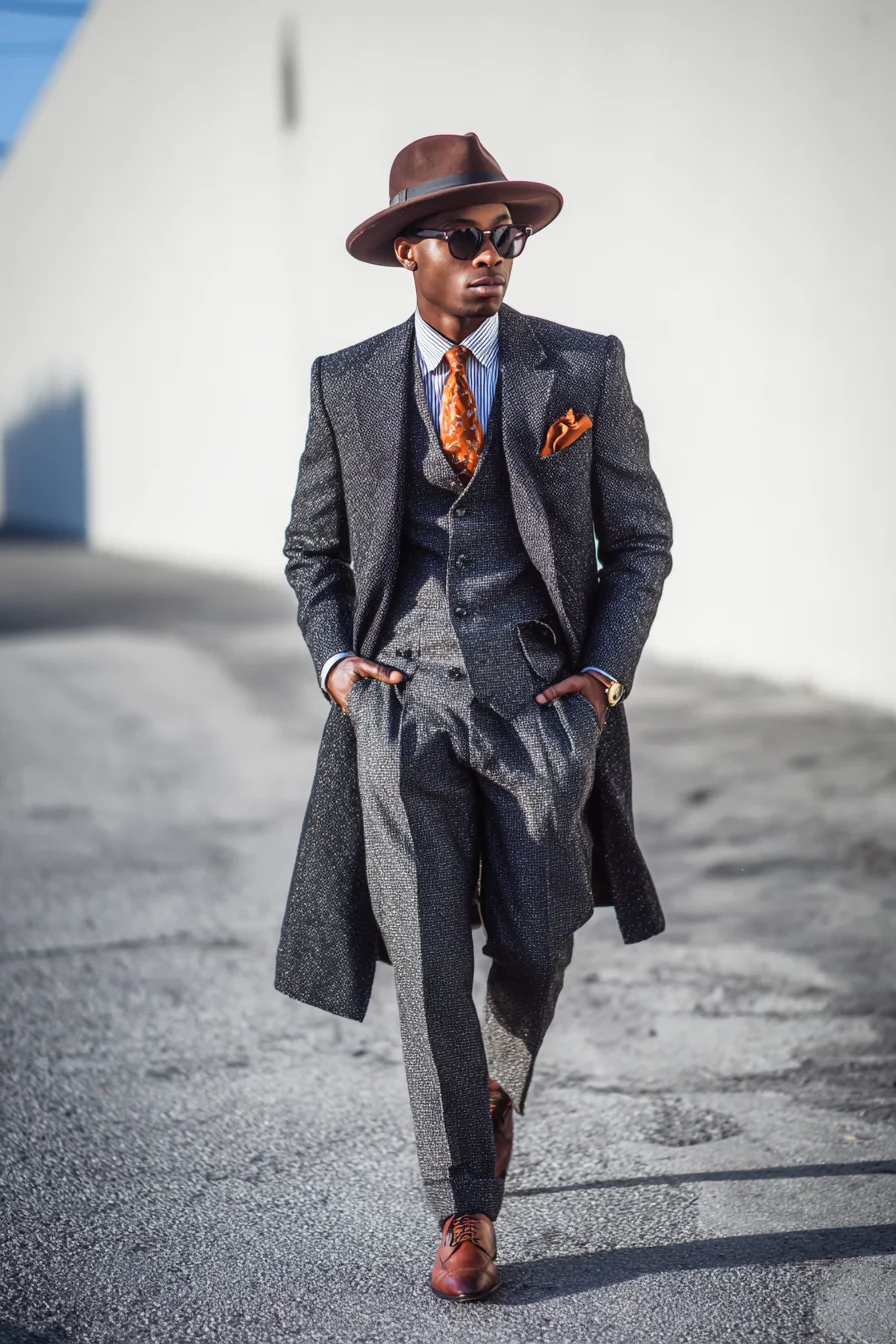 Textured Three‑Piece Suit with Orange Accents — Modern Mens Formal Styling
