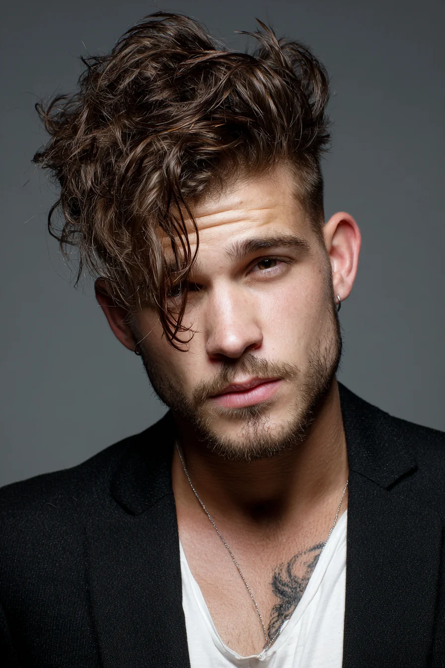Textured Wavy Long Top with Tapered Sides — Messy Fringe for Men