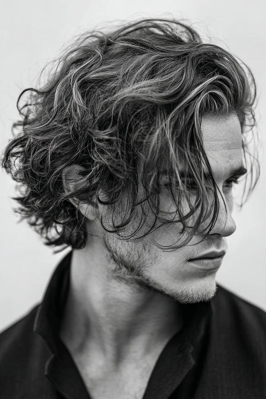 Textured Wavy Medium-Length Cut with Curtain Fringe for Men