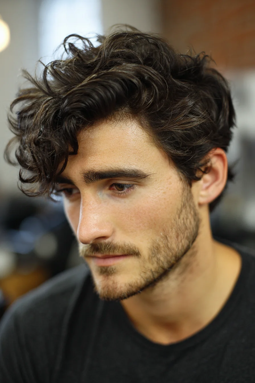 Textured Wavy Medium-Length Men’s Hairstyle with Messy Side-Swept Fringe