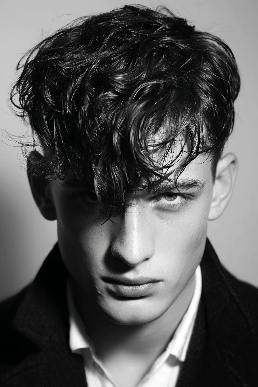 Textured Wet-Look Fringe for Men — Wavy Tousled Hairstyle