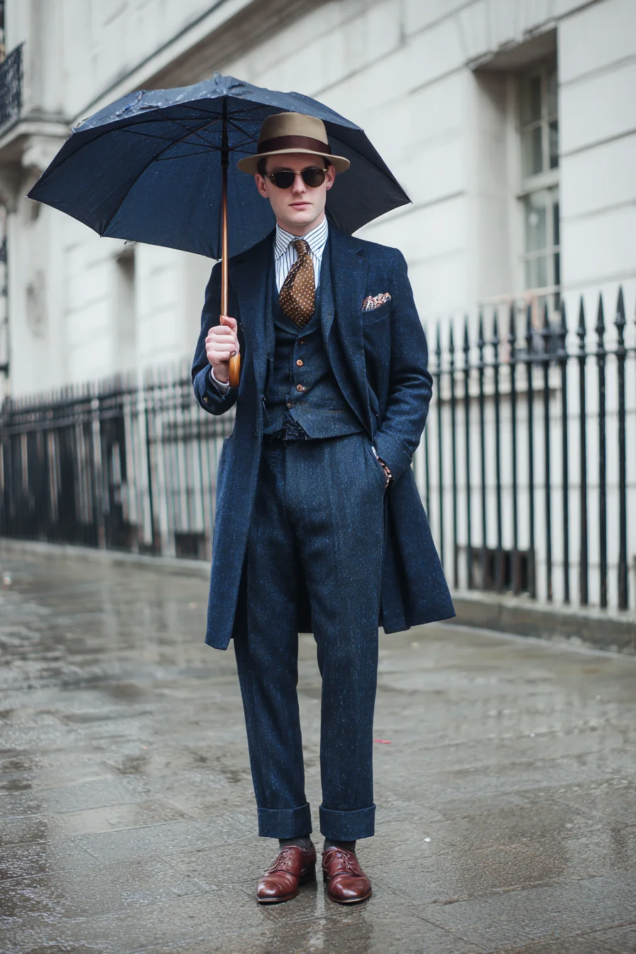 Timeless Navy Three‑Piece Suit with Brown Accents for Smart Rainy Days