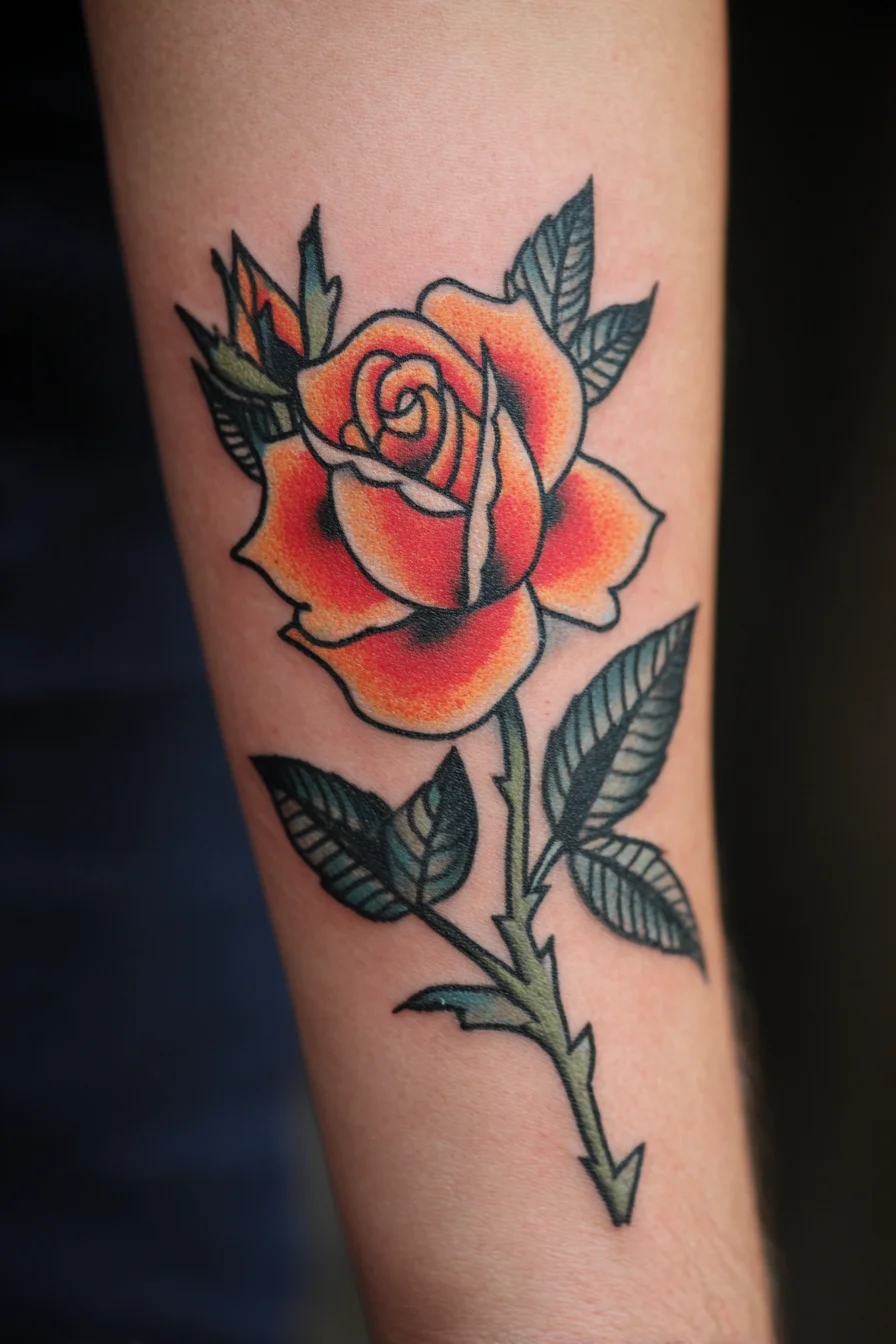 Traditional Orange Rose Tattoo — Bold Forearm Floral Design