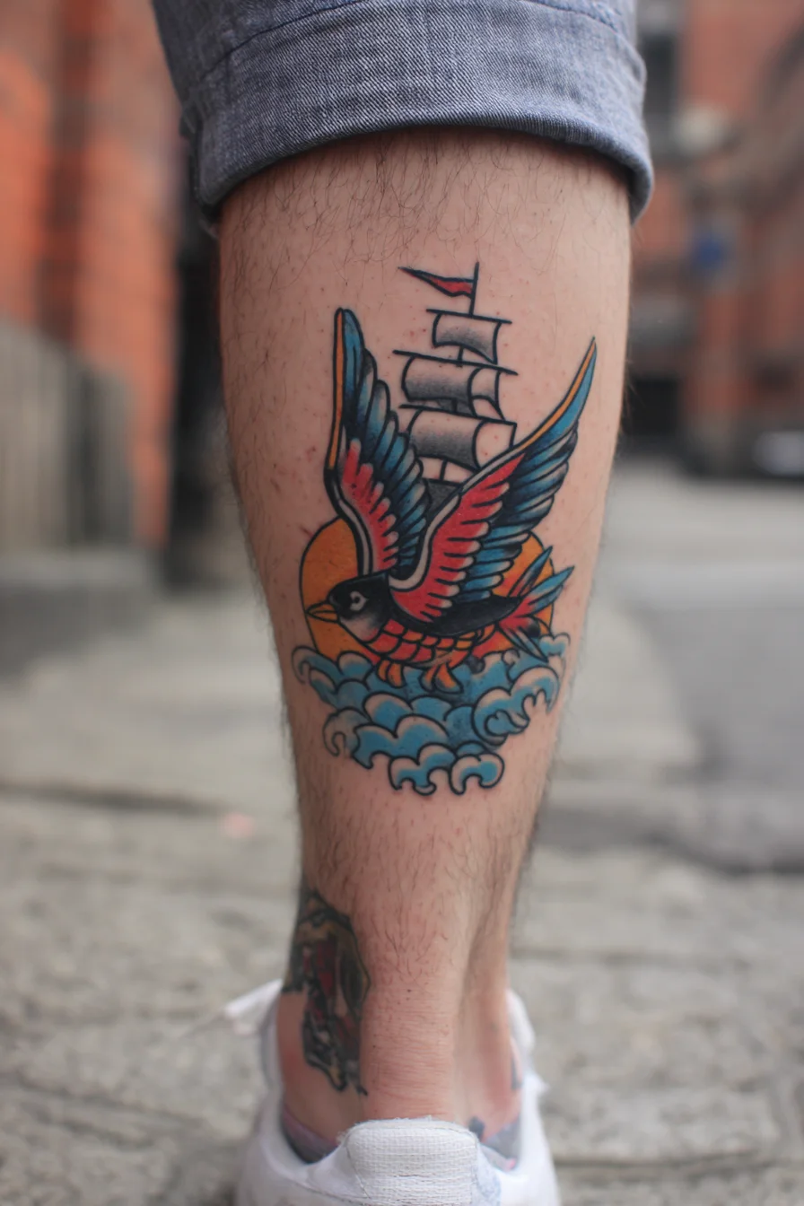 Traditional Swallow & Ship Calf Tattoo — Nautical Old School Design