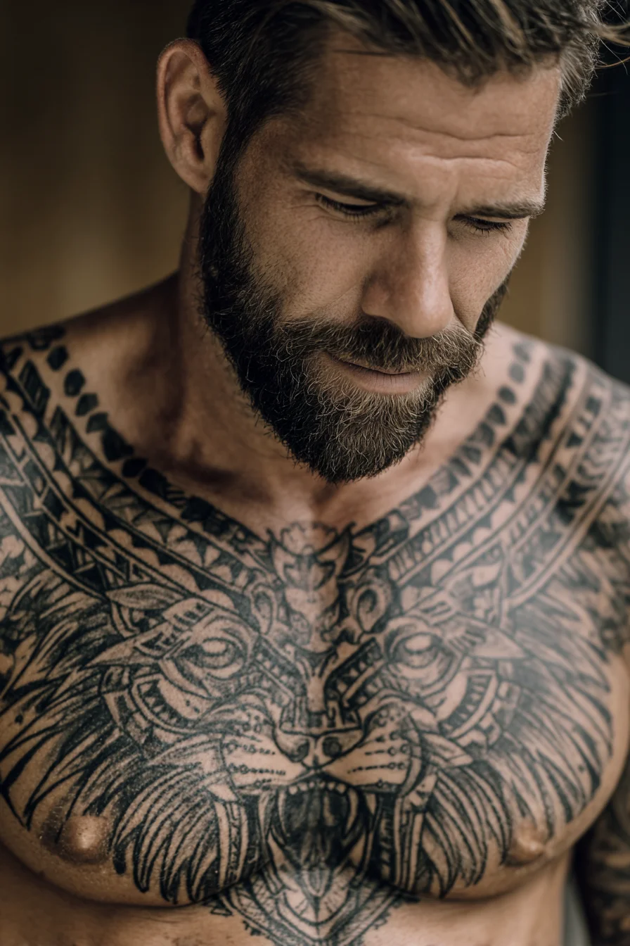 Tribal Ornamental Beast Chest Tattoo — Sternum & Upper Chest Statement