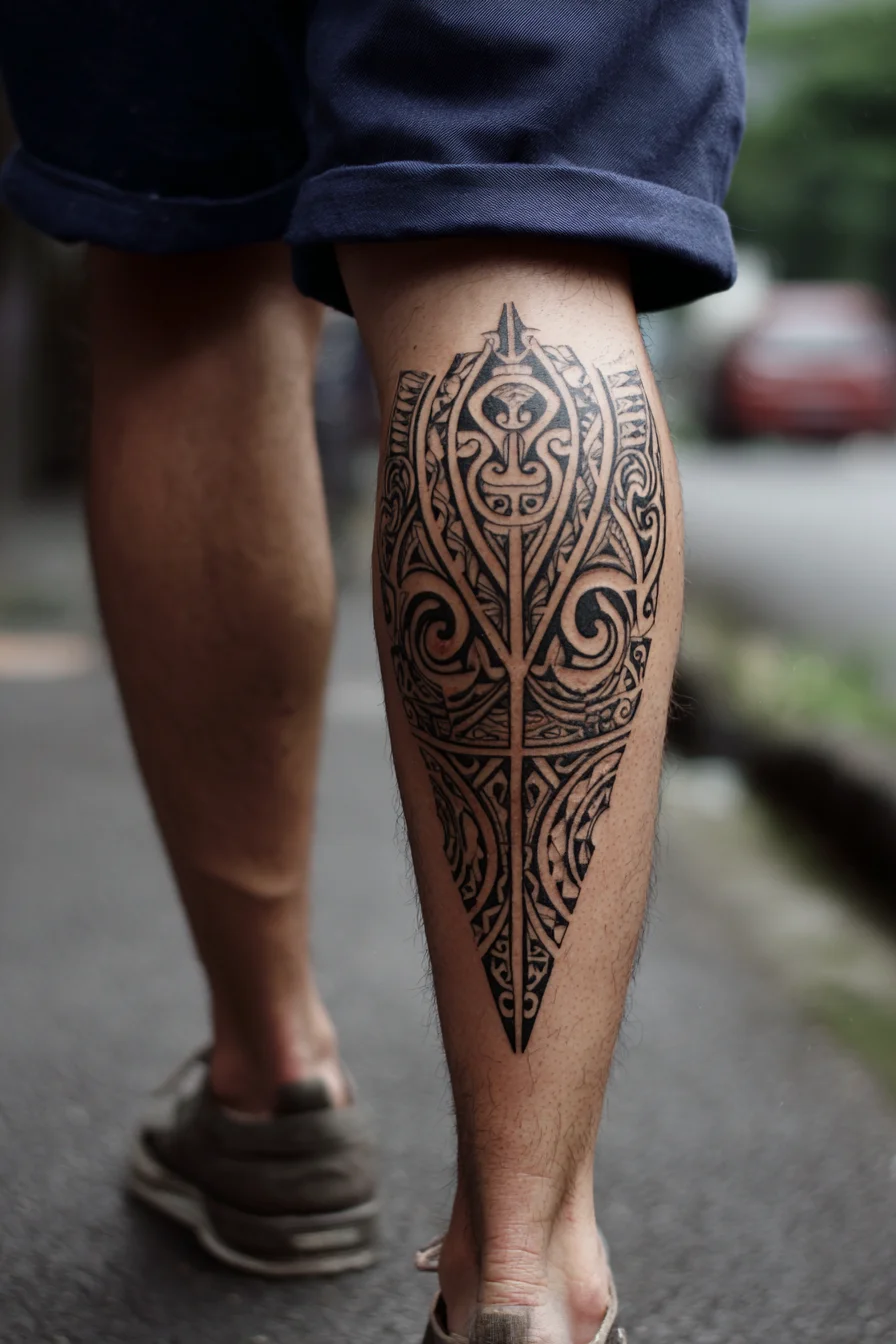 Tribal Polynesian Calf Shield Tattoo — Masculine Blackwork Spear Motif