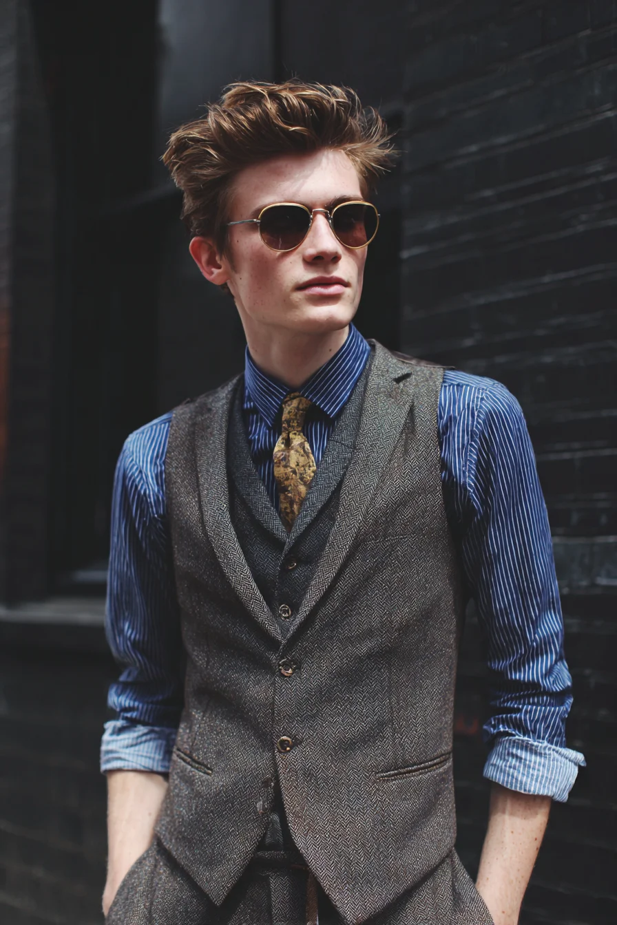 Tweed Waistcoat & Striped Shirt — Modern Smart‑Casual Mens Styling