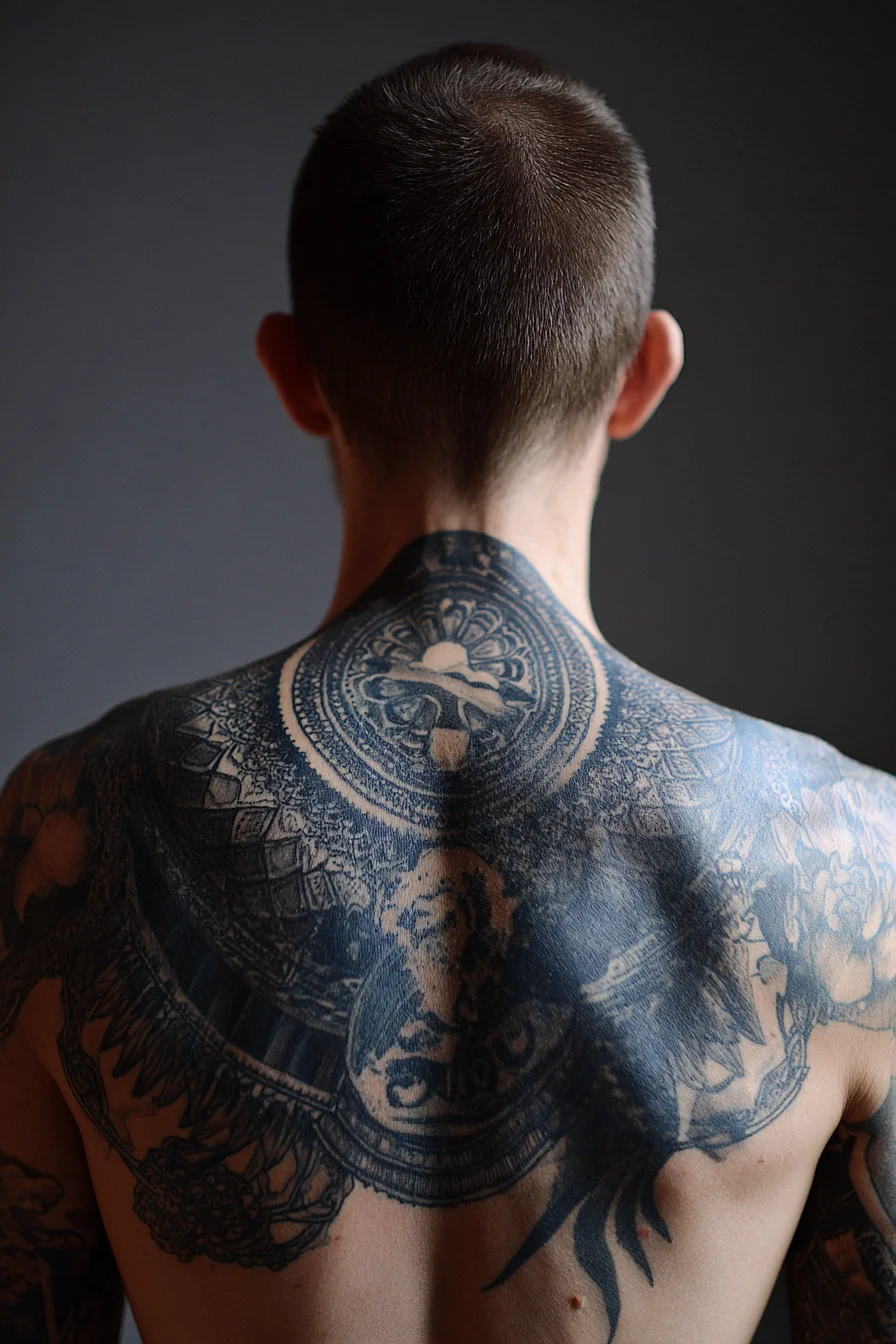Upper-Back Mandala & Guardian Mask — Bold Blackwork Tattoo for Men