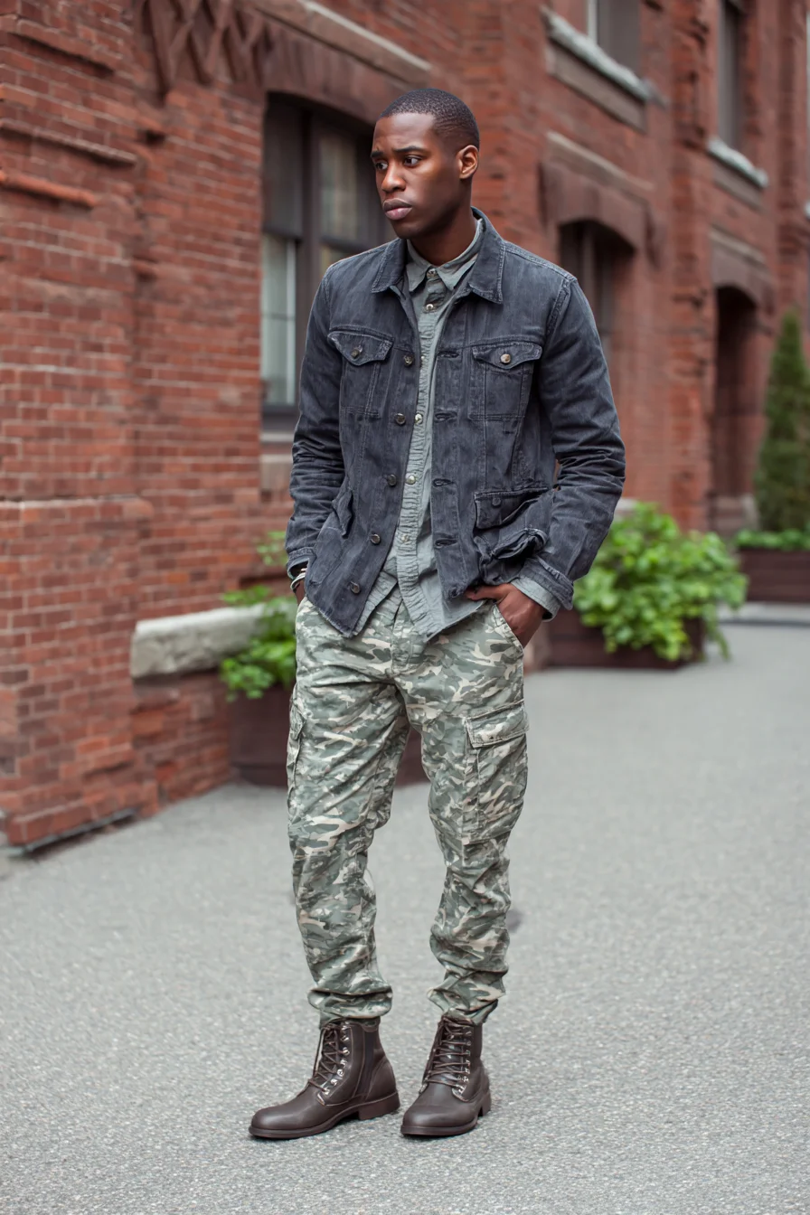 Urban Casual: Charcoal Jacket, Camo Cargo Pants & Leather Combat Boots