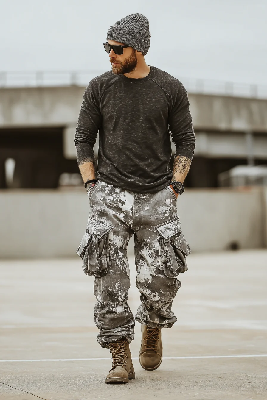 Urban Casual: Charcoal Raglan, Digital Camo Cargo & Combat Boots