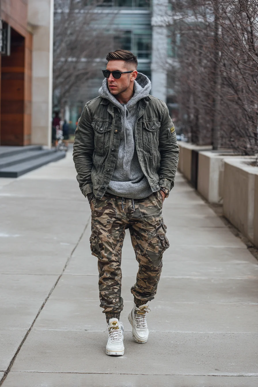Urban Casual: Olive Field Jacket, Grey Hoodie & Camo Cargo Joggers for Men