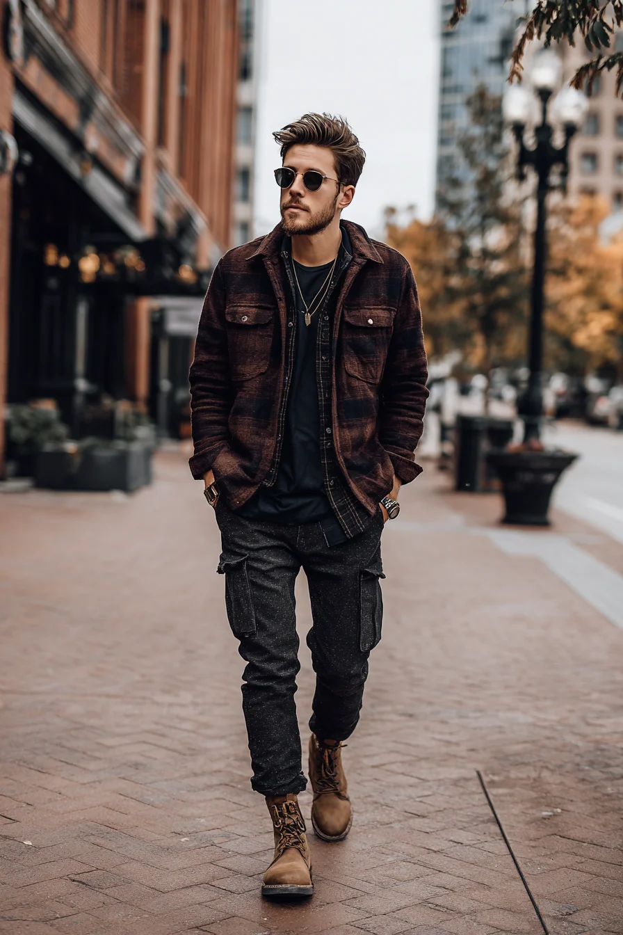 Urban Fall Layering: Brown Shacket, Tapered Cargo Pants & Rugged Boots