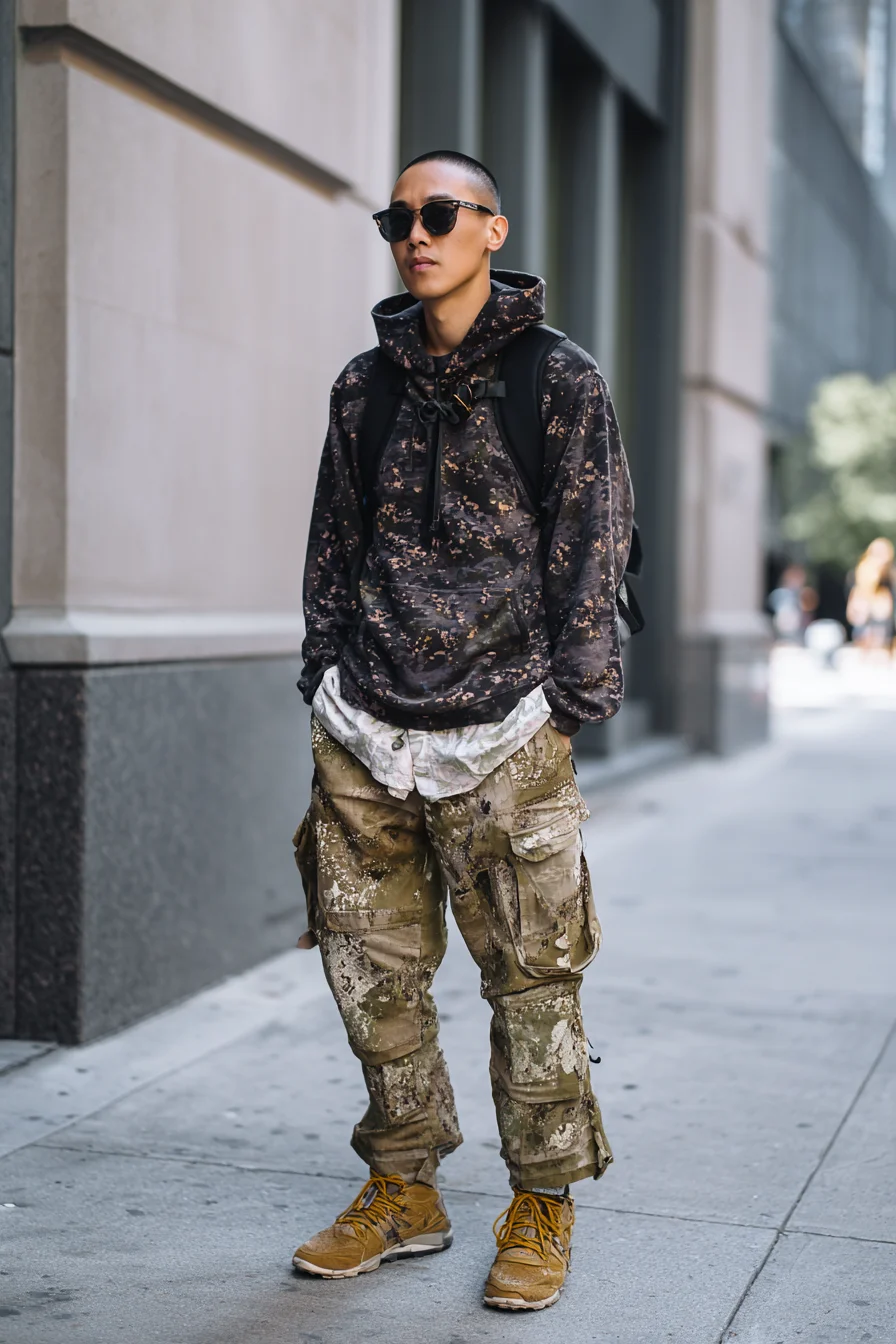 Urban Military Streetwear: Camo Hoodie, Cargo Pants & Rugged Sneakers