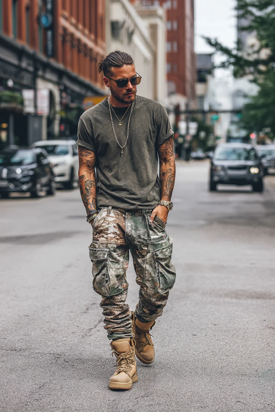 Urban Military Streetwear: Olive Tee, Camo Cargo Pants & Tan Boots