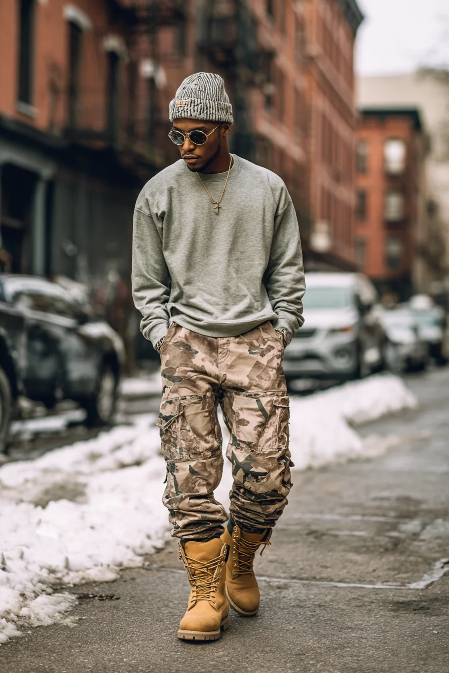 Urban Streetwear: Camo Cargo Pants, Grey Sweatshirt & Timberland Boots