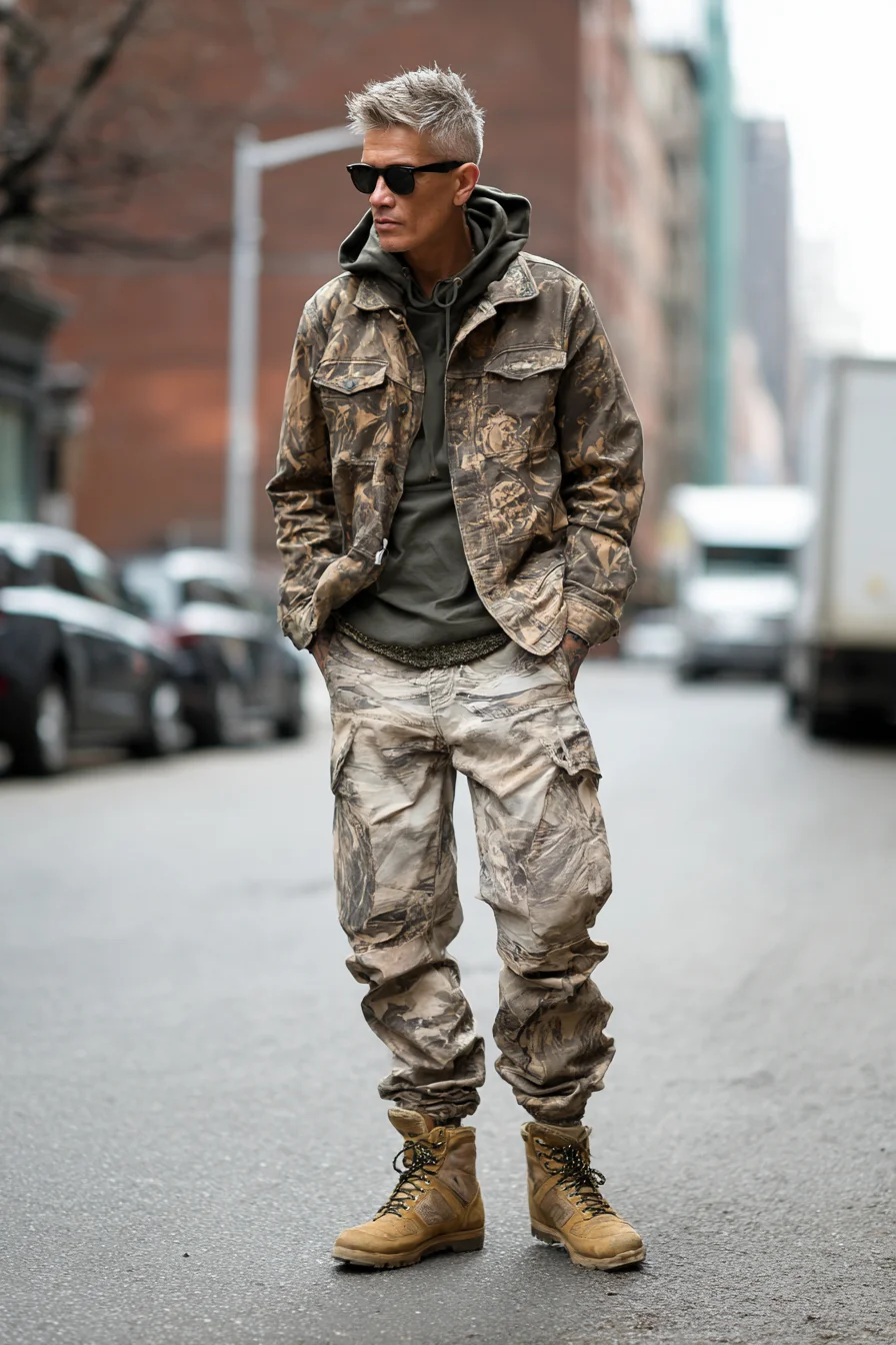 Urban Tactical Streetwear: Camo Jacket, Olive Hoodie & Cargo Boots