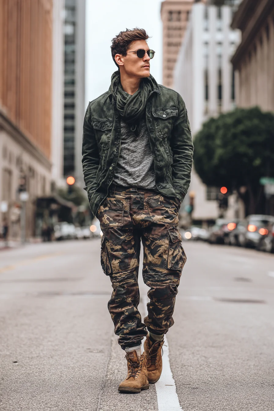 Urban Utility: Military Cargo Pants, Layered Jacket & Rugged Boots