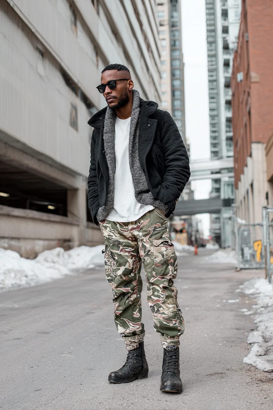 Urban Winter Streetwear: Layered Jacket, Camouflage Cargo Pants & Combat Boots