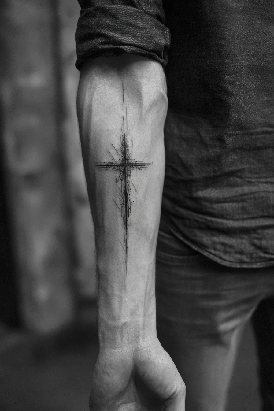 Vertical Sketch Cross Forearm Tattoo — Minimal Linework Religious Symbol