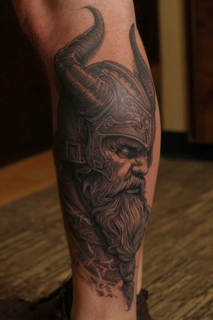 Viking Warrior Calf Tattoo — Horned Helmet & Bearded Norse Portrait