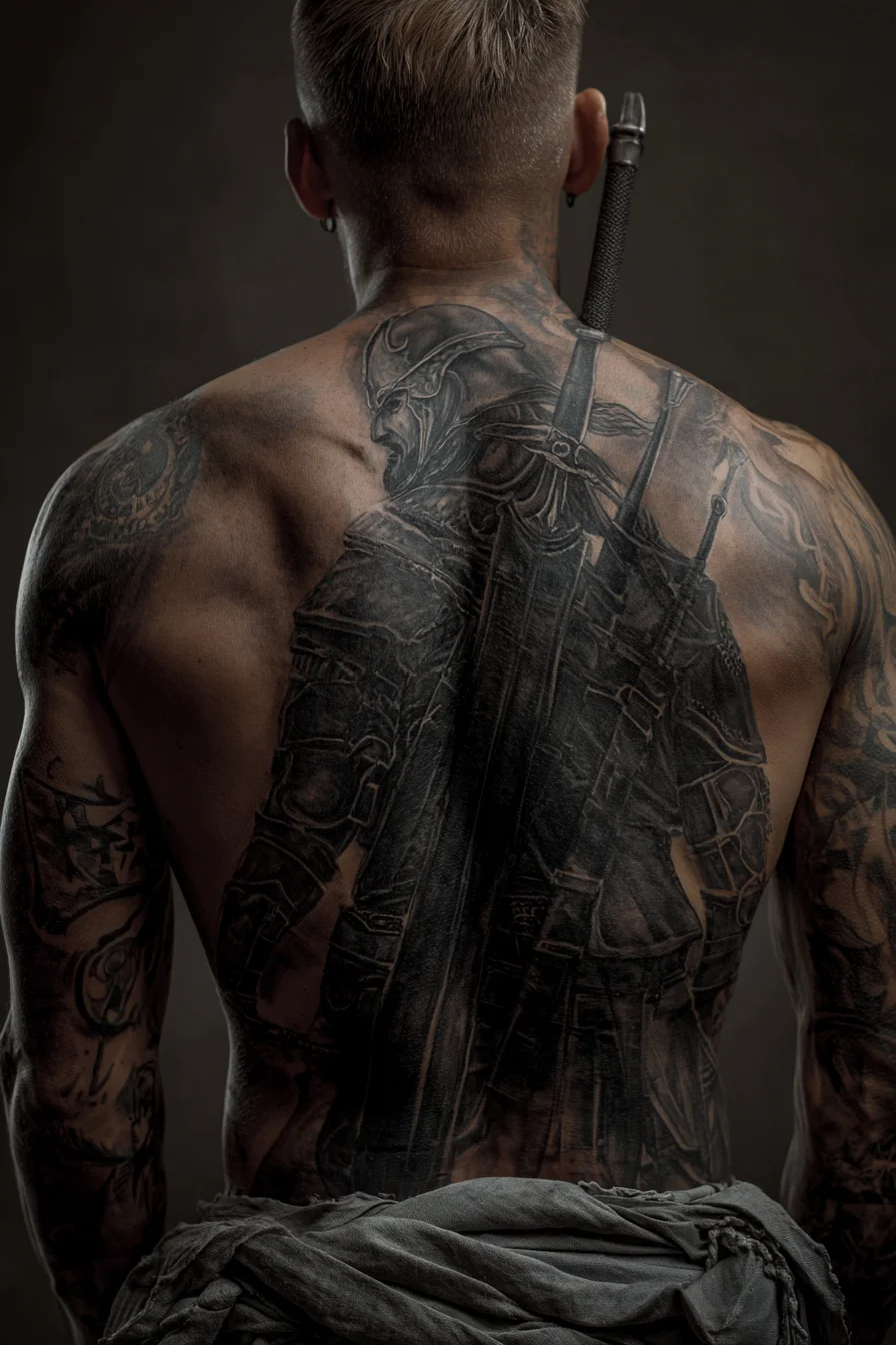 Viking Warrior Full-Back Tattoo — Black & Gray Realism Backpiece