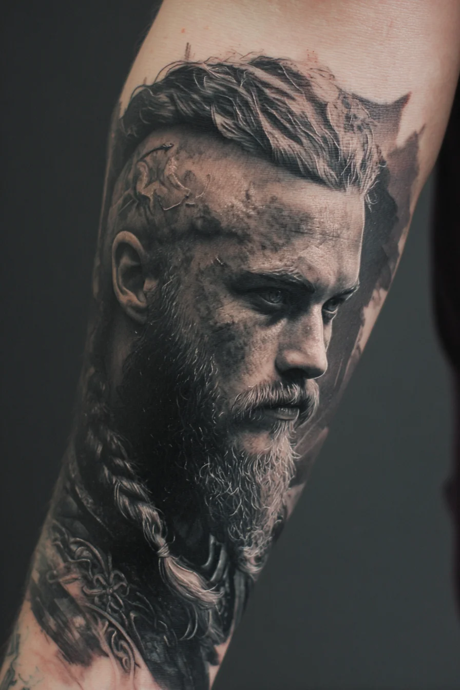 Viking Warrior Realism Tattoo — Black & Grey Norse Portrait for Forearm or Sleeve
