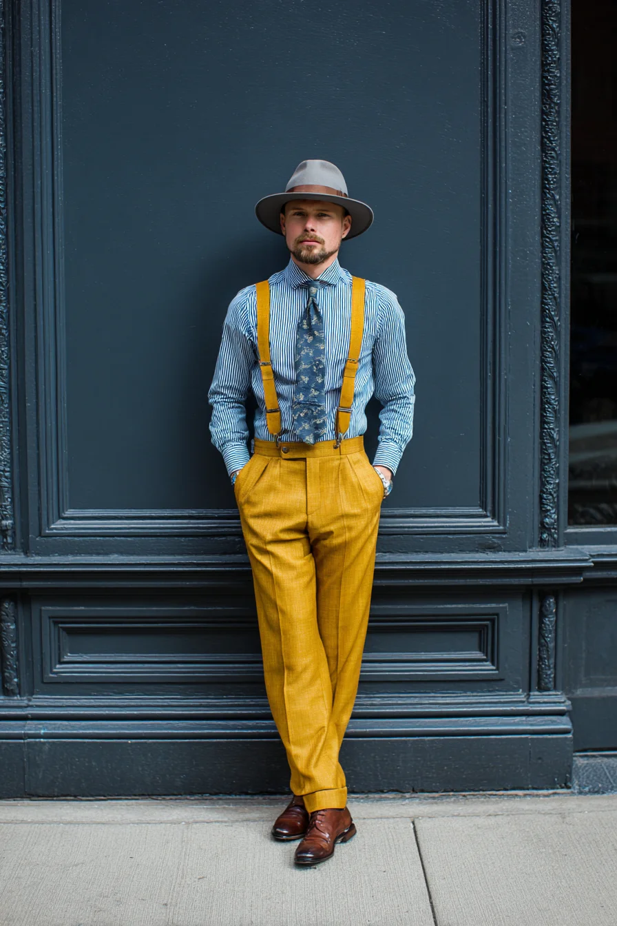 Vintage-Inspired Menswear: Mustard Trousers, Suspenders & Patterned Shirt