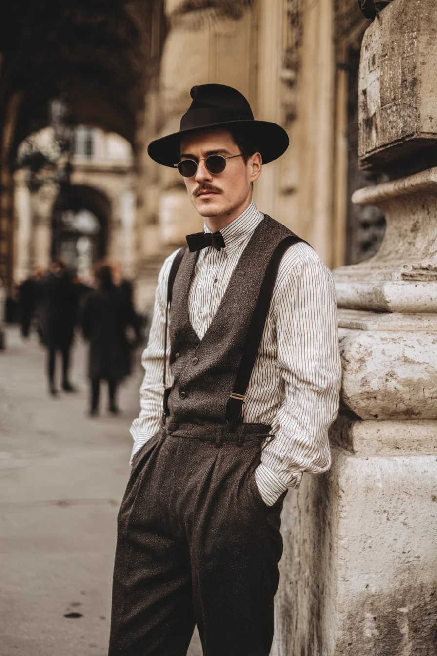 Vintage-Inspired Tailored Look — Waistcoat, Suspenders, Fedora & Bow Tie