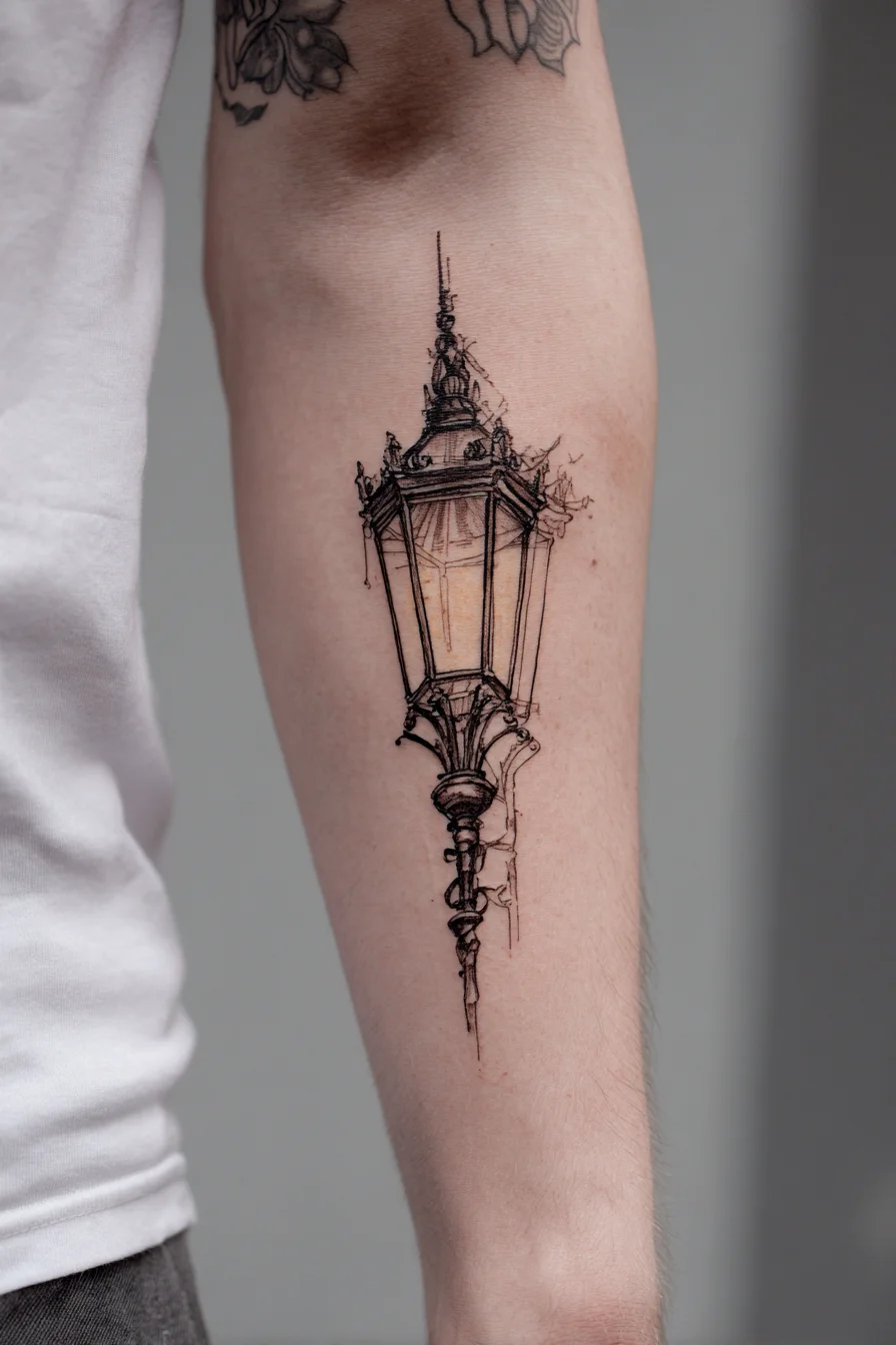 Vintage Lantern Forearm Tattoo — Fine-Line Blackwork Lamp Design