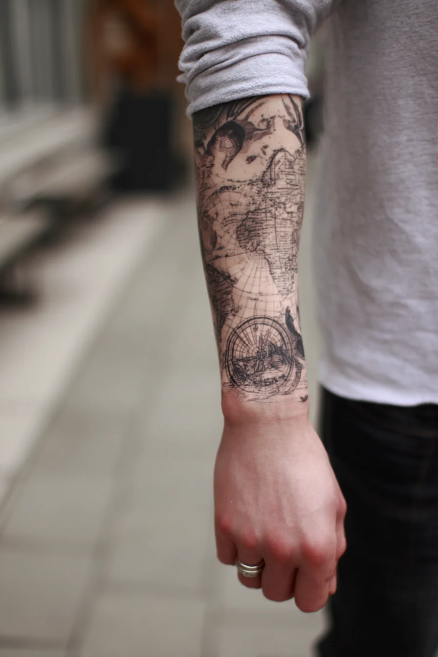 Vintage Map & Compass Forearm Tattoo — Map, Compass, Travel Sleeve