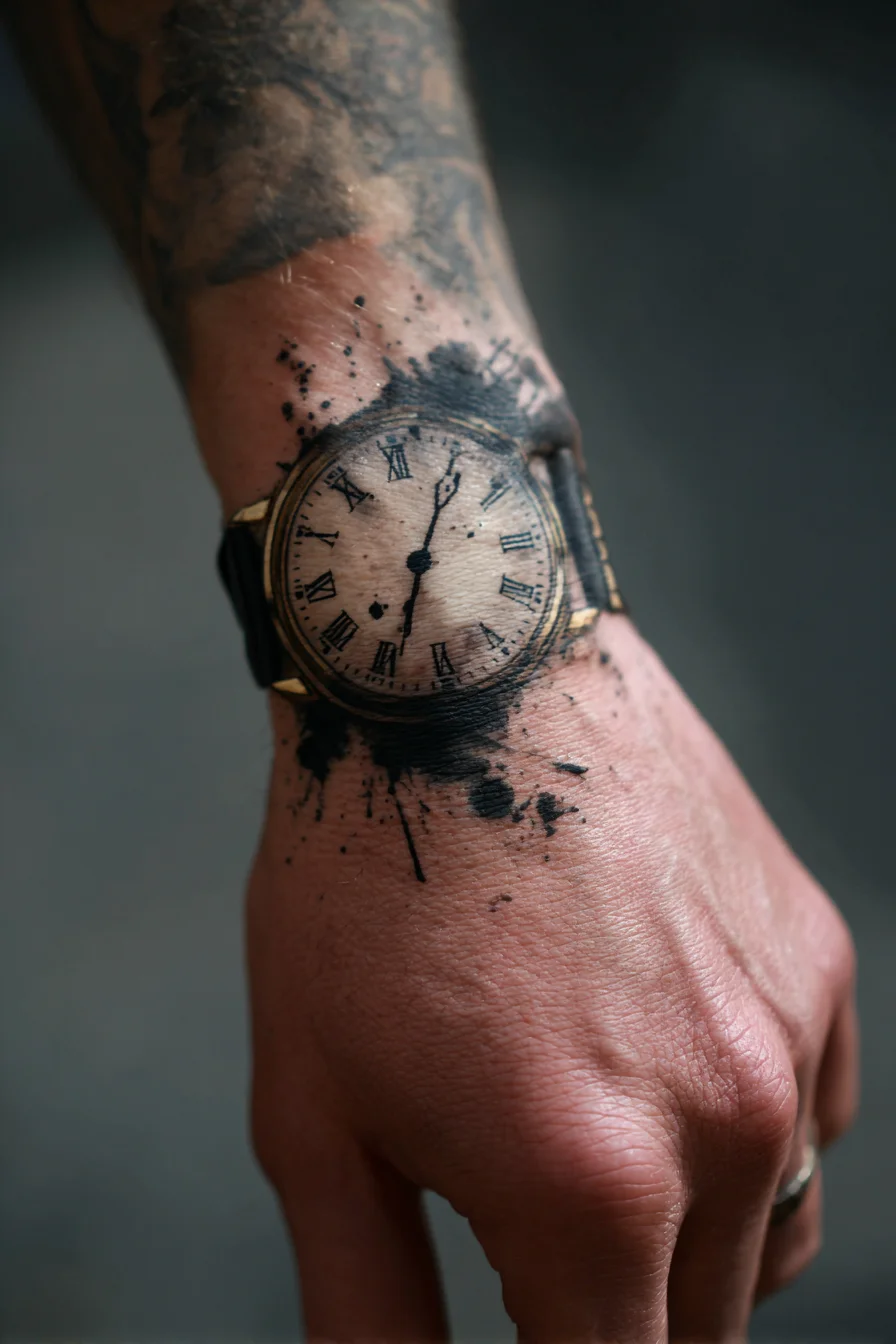 Vintage Watch Wrist Tattoo — Realism with Ink‑Splatter Accents