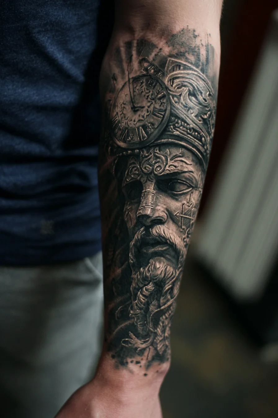 Warrior King Portrait Forearm Tattoo — Clock, Beard, Black & Grey Realism