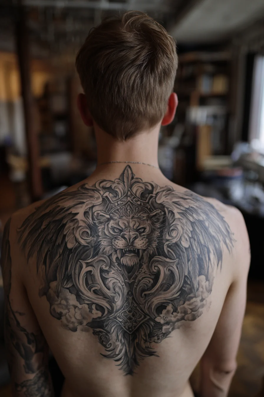 Winged Lion Black & Grey Back Tattoo — Lion, Wings & Ornamental Filigree