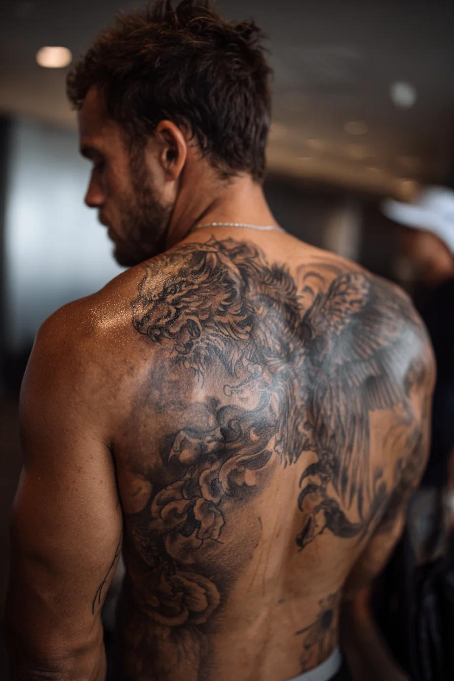 Winged Lion (Griffin) Back Tattoo — Black & Grey Full-Back Design for Men