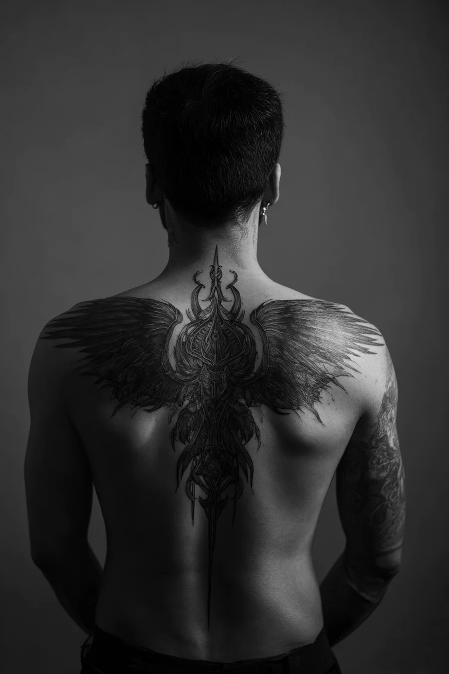 Winged Spine Back Tattoo - Ornate Blackwork Warrior Design