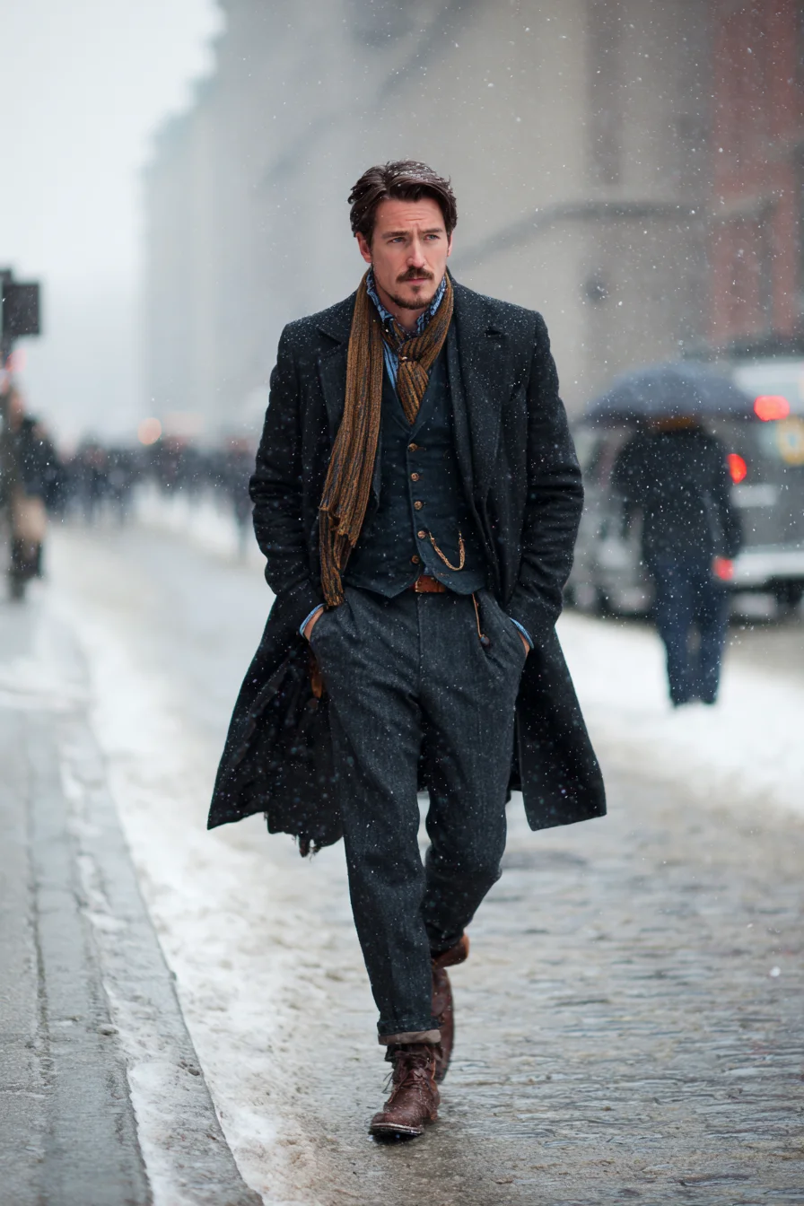 Winter Tailored Street Style: Charcoal Overcoat, Waistcoat & Brown Boots