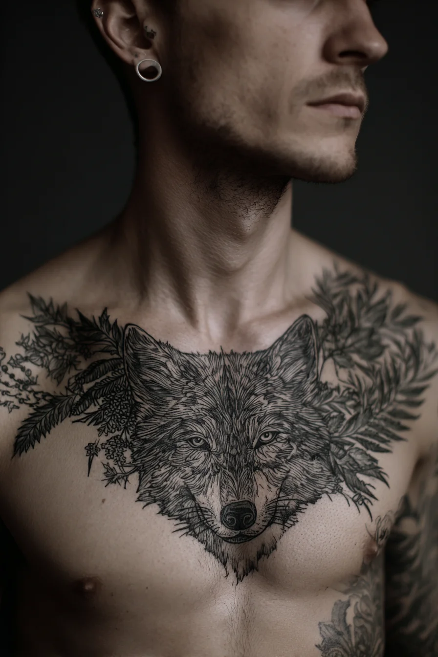 Wolf Chest Tattoo — Blackwork Realism with Botanical Elements