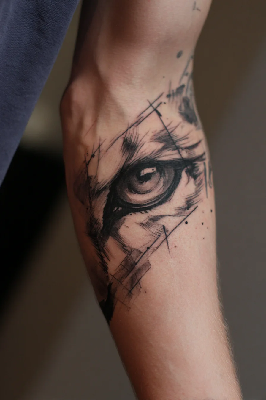 Wolf Eye Forearm Tattoo — Blackwork Sketch with Geometric Accents
