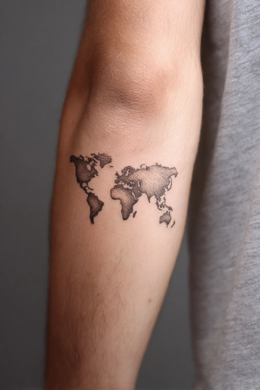 World Map Dotwork Tattoo — Minimal Forearm Travel Ink
