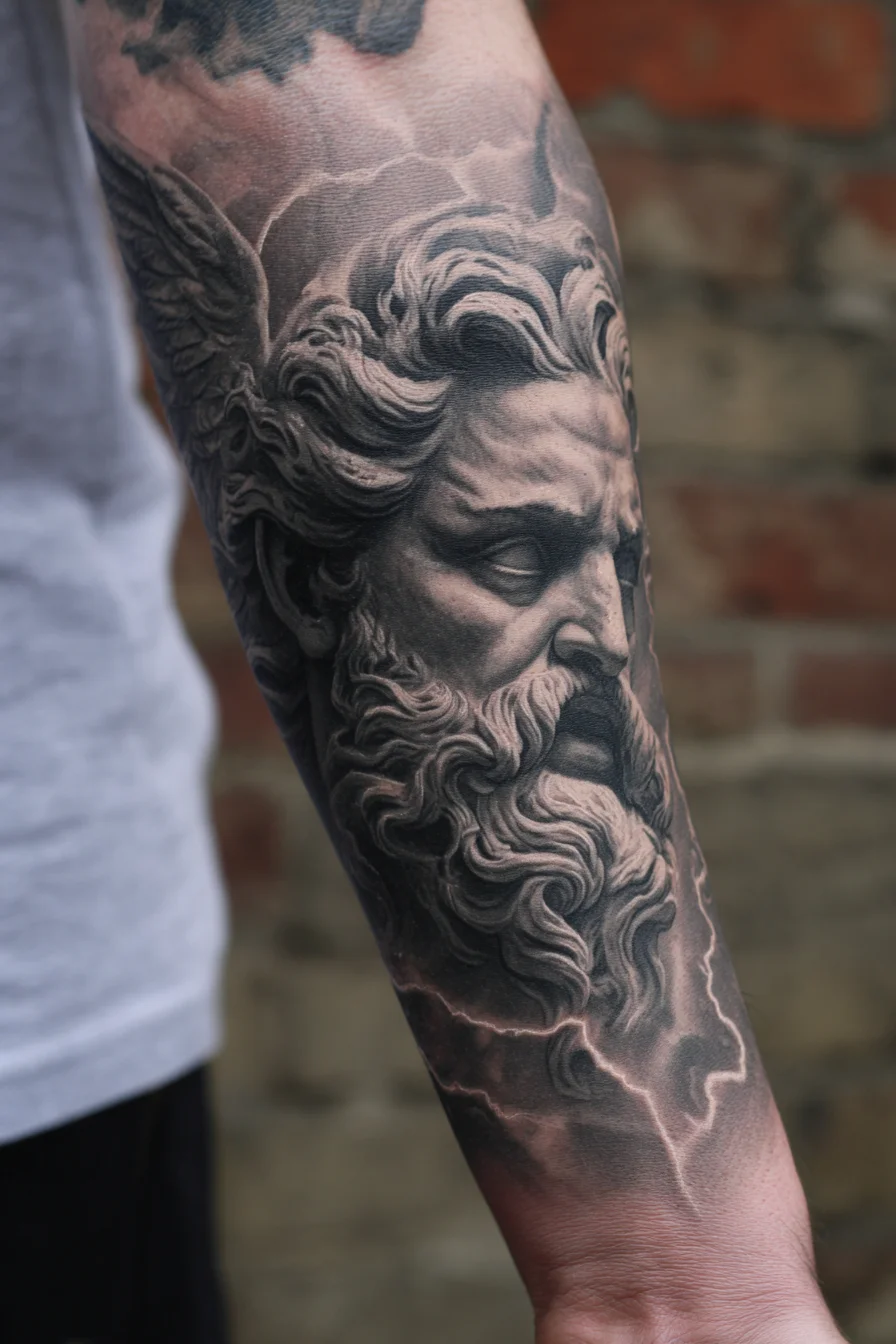Zeus‑Inspired Realistic Black & Grey Portrait Sleeve Tattoo