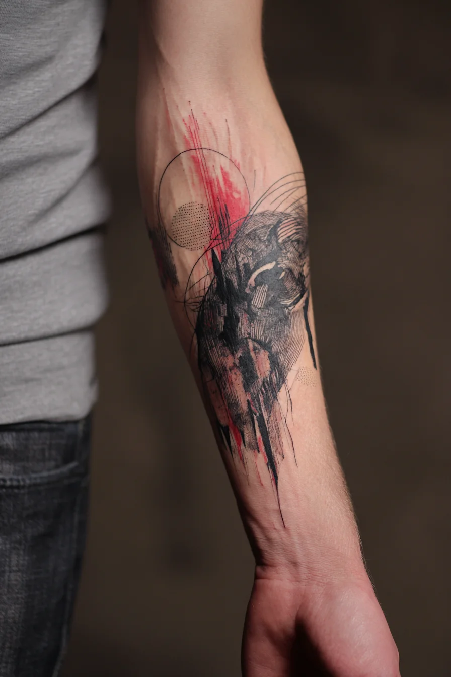 Abstract Skull Forearm Tattoo — Sketch, Watercolor Red Wash & Dotwork