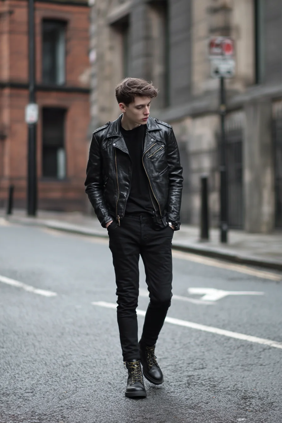 All-Black Biker Look: Mens Leather Jacket, Slim Jeans & Lace-Up Boots
