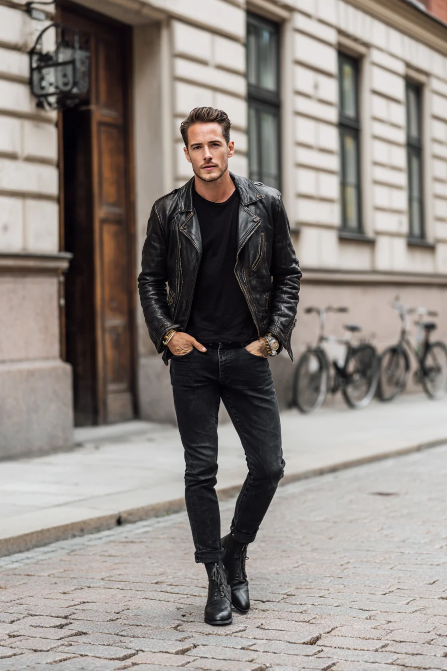 All-Black Biker Style: Leather Jacket, Slim Jeans & Lace-Up Boots